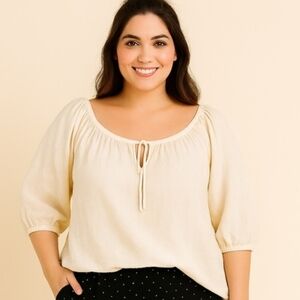 NWT Womens Cream Peasant Blouse - Lightweight Tie-Front Top 3X